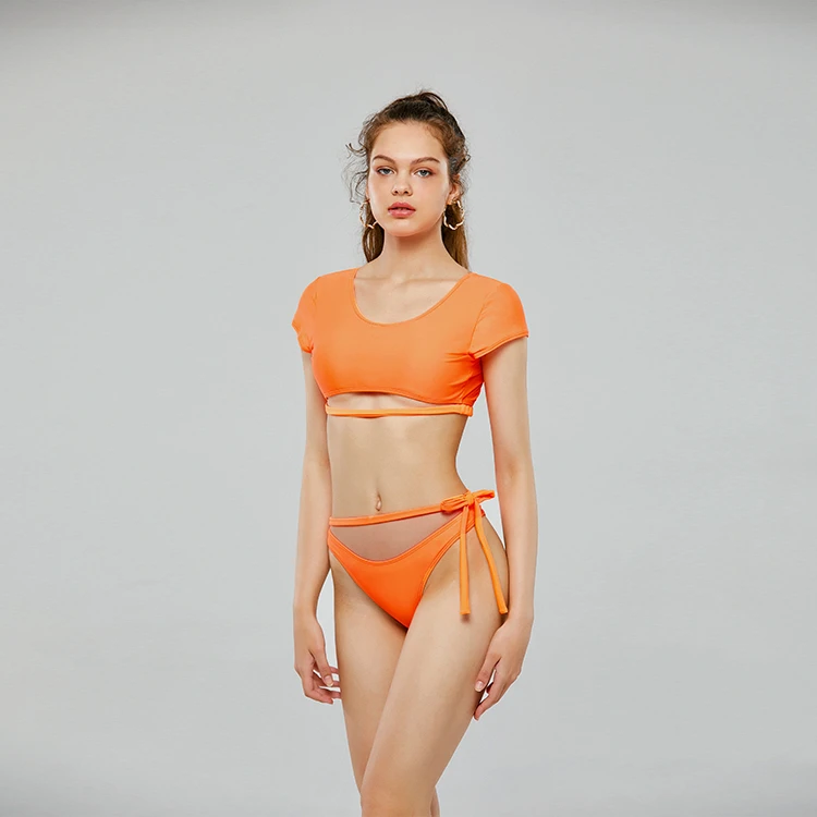 

LaFata Women Thong Bikini Swimsuit High Waist Rash Guard Two Piece Sporty Bathing Suit neon orange