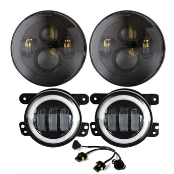 

7" LED Headlights with Hi/Lo Beam + 4" LED Fog Lights With White Halo Ring for Jeep Wrangler For 1997-2017 JK CJ Front Bumper