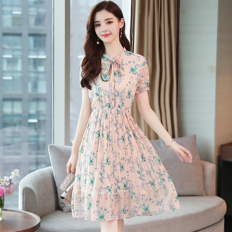 Chiffon Floral Print Summer Midi Pink Women Dress Long Lady Elegant Fairy Blue Chic Short Sleeve Runway Vestido De Fiesta 2019