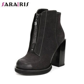 

SARAIRIS 2019 Large Size 35-41 New Fashion Zip Up Ankle Boots Woman Shoes Chunky Heels Wholesale Black Shoes Woman Boots