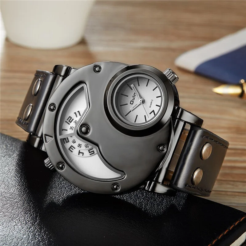 Oulm Black Silver Case Dual Time Zone Antique Watch Male Quartz Pu Oulm Black Silver Case Dual Time Zone