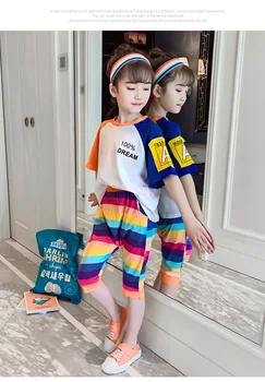 

Explosion models summer girls cotton casual rainbow color suit new children's short-sleeved t-shirt summer dress big boy two-pie