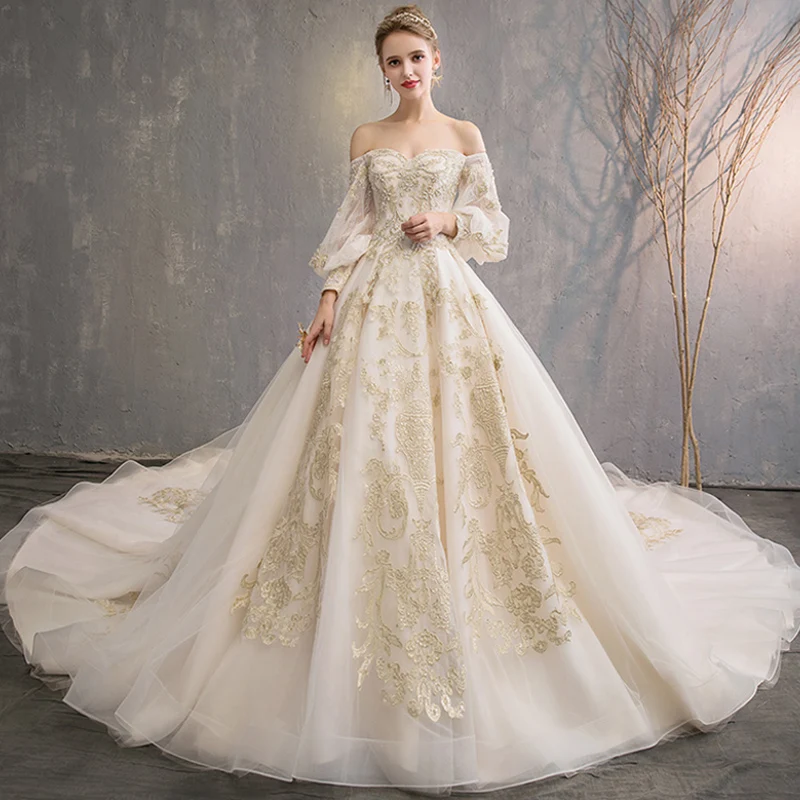 2018 Haute Couture бальное платье Для женщин свадебное платье Золотые Аппликации Свадебные платья Бисер большой поезд vestidos de noiva