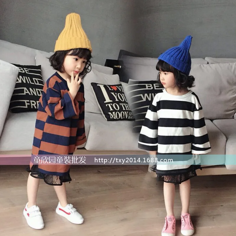 

Spring 2018 in the new dress for young girls leisure lace dress striped dress