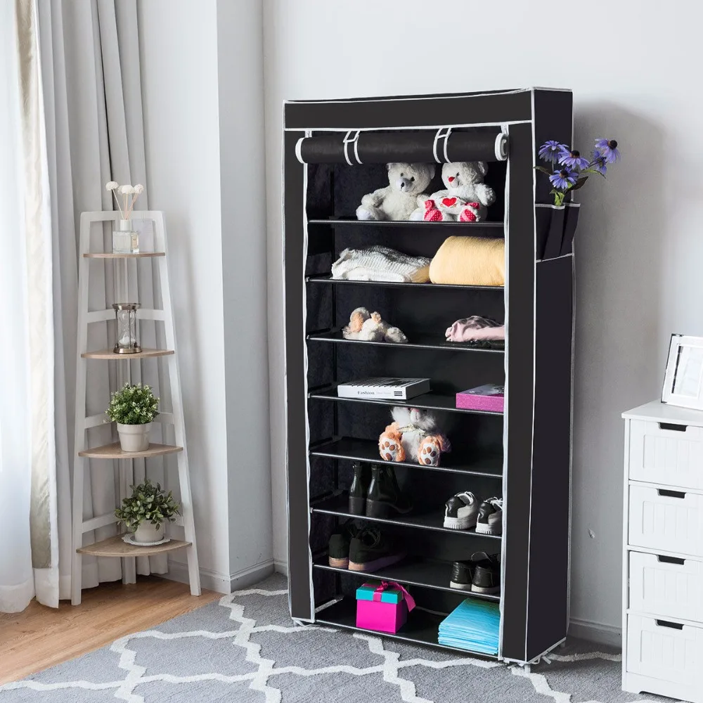 Giantex 10 Tier Shoe Tower Rack With Fabric Cover 27 Pair Shoes Cabinet Home Space Saving Organizer HW57332