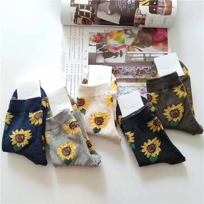 [EIOISAPRA]Korean Style Women Sunflower Short Socks Creative Art Harajuku Japanese Socks High Quality Cotton Tide Sox