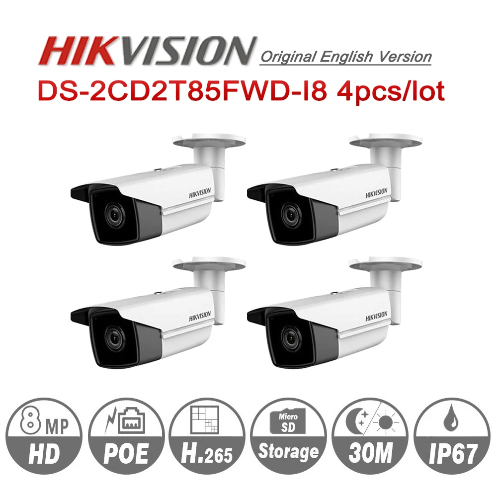 

Hik Original Bullet IP Camera DS-2CD2T85FWD-I8 8mp Network Wired PoE 80m IR fixed security camera Built-in SD Card Slot 4pcs/lot
