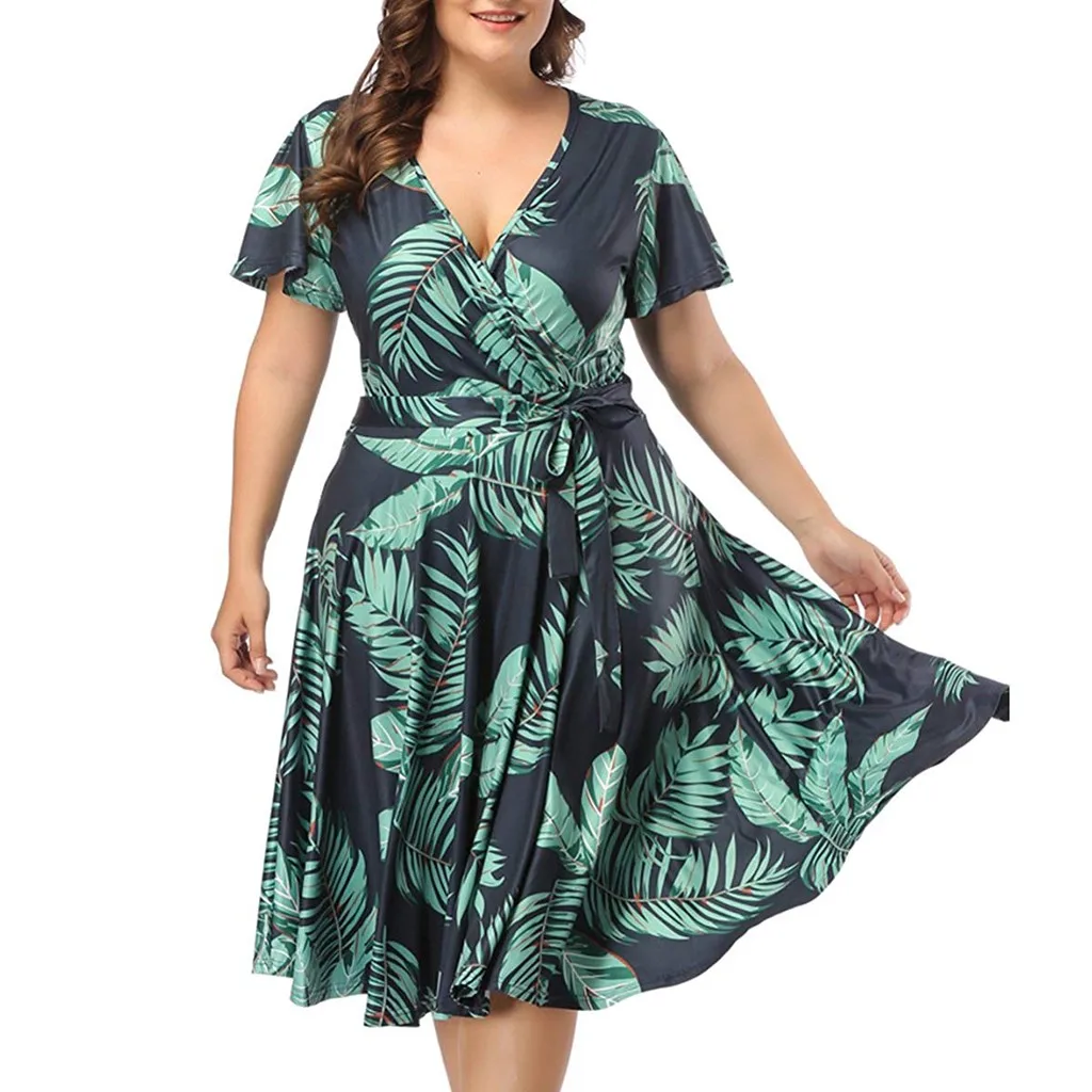

FREE OSTRICH Dress Women Leaf Print Plus Size V-neck Short Sleeve Belt Bud Loose Dignified Noble Popular Short Dress Summer