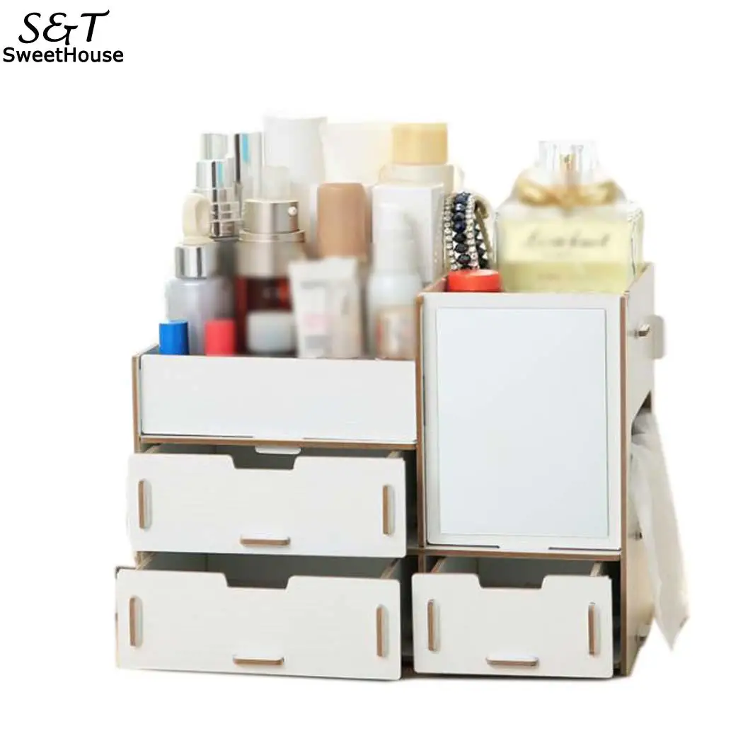

2019 DIY Wooden Cosmetic Storage Box with Mirror Home Makeup Jewelry Solid Container Drawer