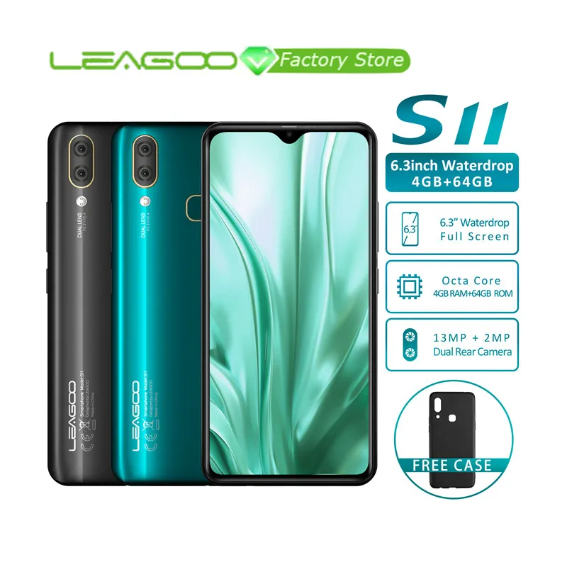 

Android 9.0 LEAGOO S11 Smartphone 6.3" Waterdrop Full Screen 8MP+13MP 4GB+64GB Octa Core Global Lte Bands Dual 4G Mobile Phone