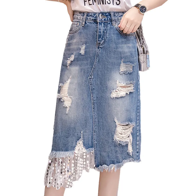 Fashion Style Lace Ripped Denim Skirts Women Summer Sequined Long Jeans