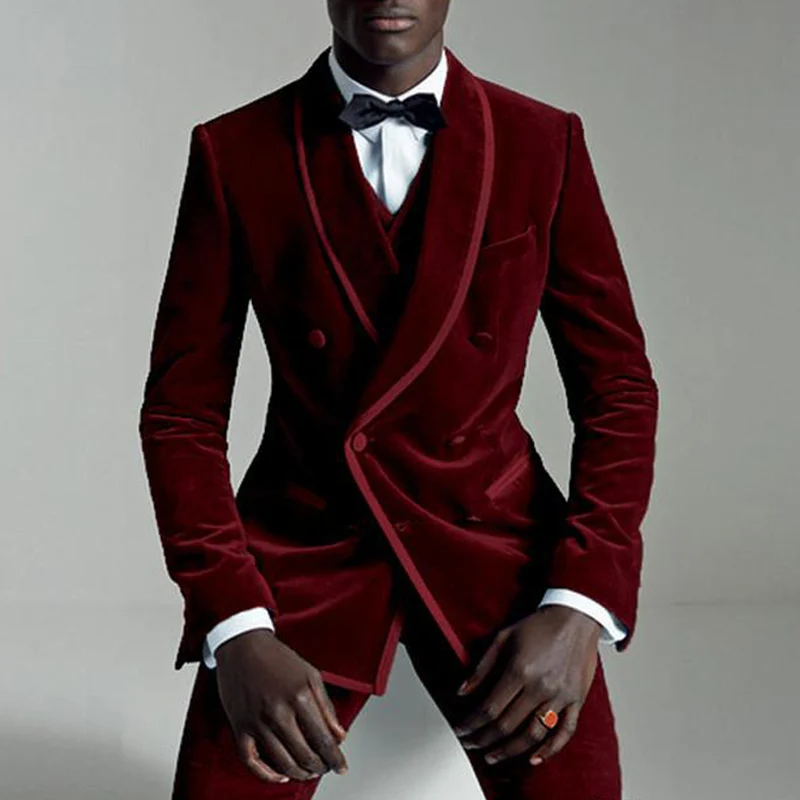 Royal Blue Velvet Evening Party Men Suits Double Breasted Shawl Lapel Three Piece Wedding Tuxedos 2018 Latest Coat Pant Designs
