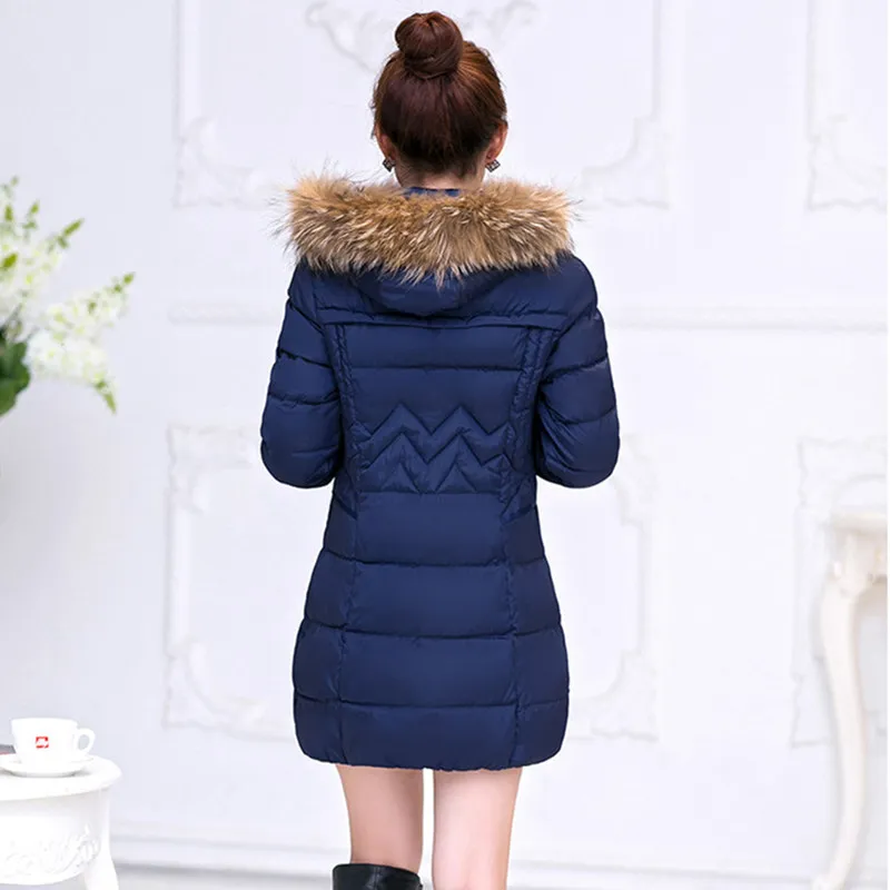 QIHUANG New Winter Women Down Coat Meidum Long Slim Hooded Female Down Cotton Jackets Fashion Fur Collar 2018 Winter Women Coat