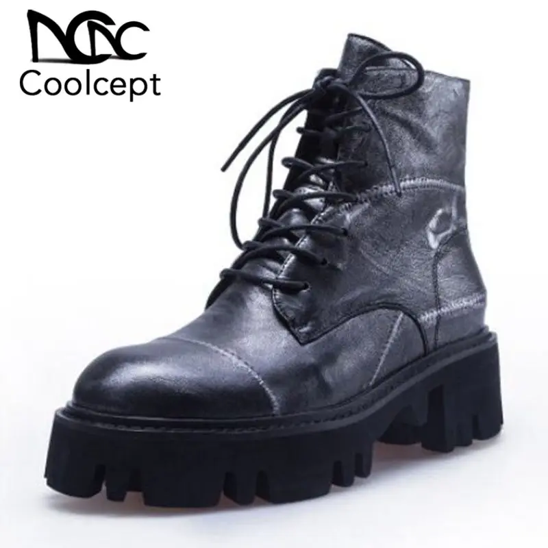 

Coolcept Women Genuine Leather High Heel Boots Laec Up Platform Warm Winter Shoes Fashion Chic Motorcycle Footwear Size 34-39