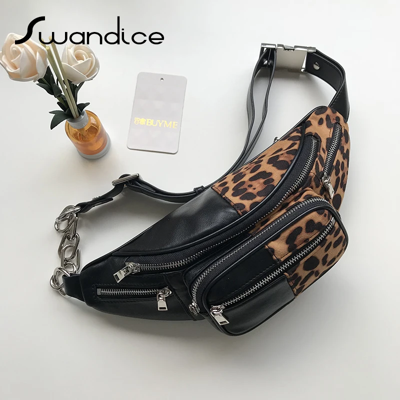 

Lambskin + Leopard Print Fanny Packs Chest Waist Bum Belt Bags Real Genuine Leather Crossbody Shoulder Handbag Women Female 2019