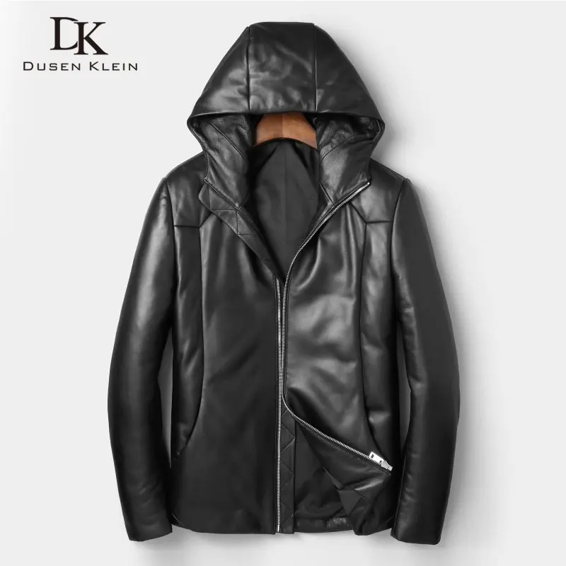 

Men Genuine Leather Down Jackets Male Winter Warm thick Short Coats Sheepskin hooded Leather Jacket Plus size 2018 New L1806
