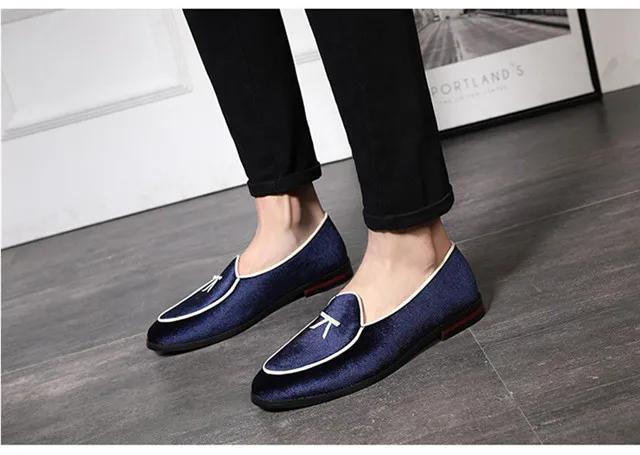 Blue Loafers Merkmak/Новинка; замшевые лоферы из шелка и бархата; мужские летние изысканные модельные туфли; удобные вечерние мужские туфли на плоской подошве; большие размеры 37-48 - Цвет: Blue Loafers