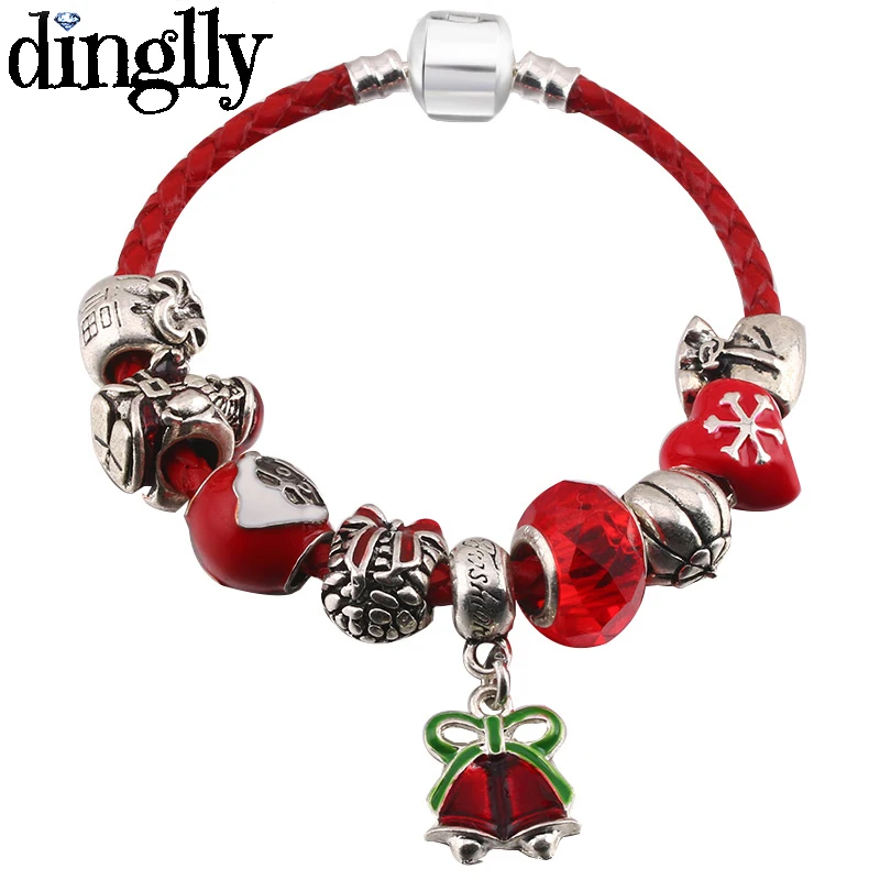 

DINGLEY Red Leather Rope Crystal Snowflake Alloy Pendant Bracelet Pink Girl DIY Beads Pandora Charm Bracelet Men Women