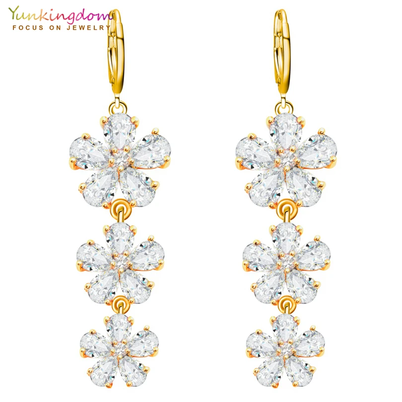 

Yunkingdom 5 Color CZ Crystals Three Flower Design Drop Earrings for Women Party Queen Wedding Fashion Brand Long Dangle Earring