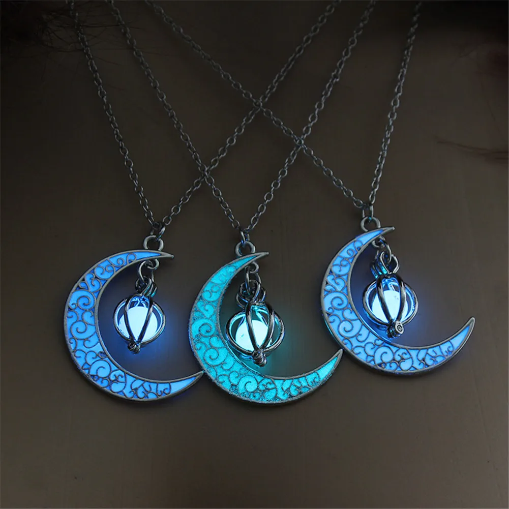 Glow In the Dark Pendant Necklaces For Women Silver Plated Chain Long Night Moon Necklace Women Fashion Jewelry