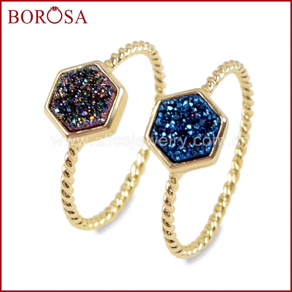 

BOROSA 10PCS Gold Color Hexagon Rainbow Druzy Rings Jewelry, Gems Natural Agates Titanium Drusy Bezel Ring for Women ZG0294