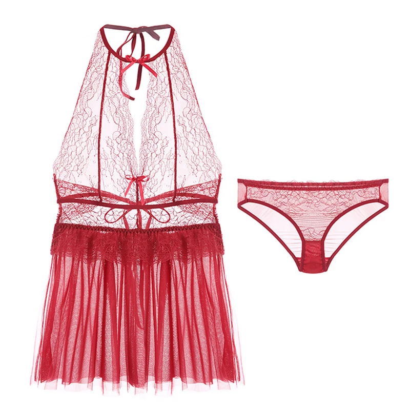 Sexy Mousse Evening Wear Sexy Night Gowns With Thong Sets Halter Backless Mesh Lace Fabric Wedding Use Young Girl New