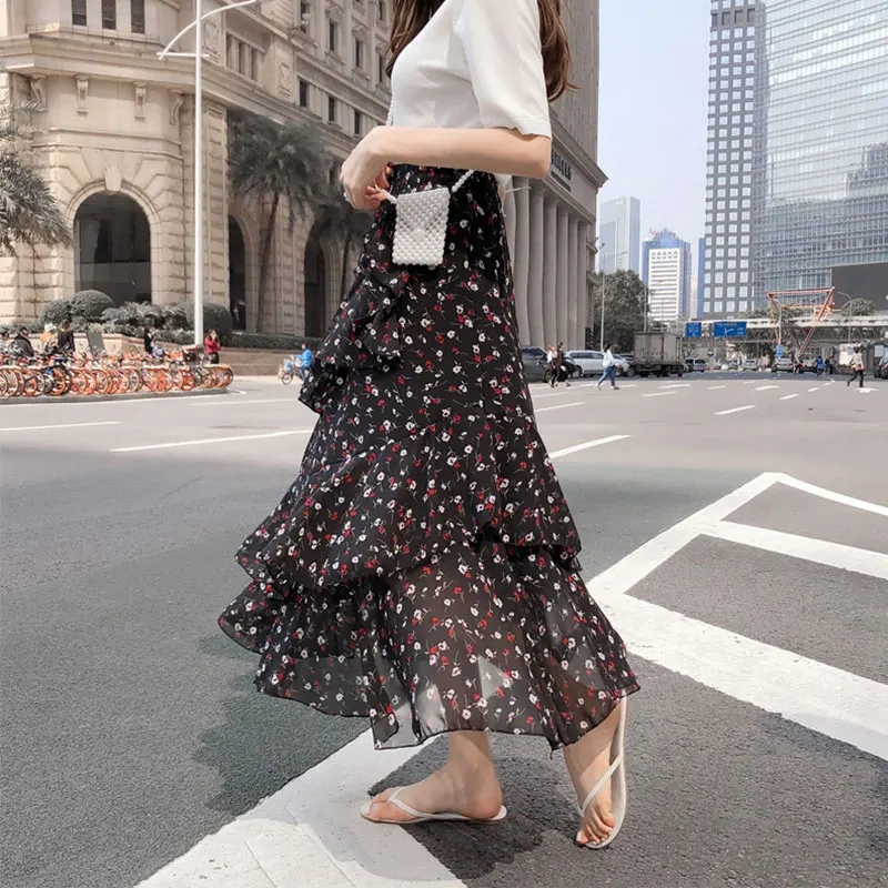 

Women's Irregular Ruffled Beach Long Elastic Skirt Floral High Waist Boho A-line Maxi Skirts 2019 Summer Bohemian Sweet Clothes