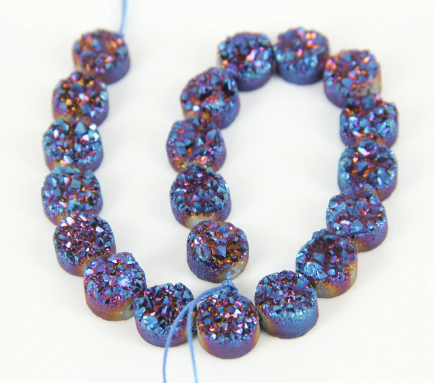 20pcs/str 10mm Natural Blue Purple Titanium Druzy Geode Flat Round Beads Pendants,Sparkly Drusy Raw Quartz Loose Beads Necklace