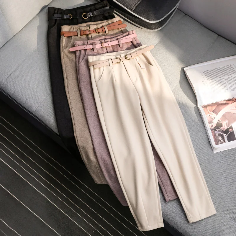 Корейская Зимняя шерстяная одежда брюки Для женщин новая высокая тонкая талия поясом шаровары элегантные брюки женские осенние теплые Для