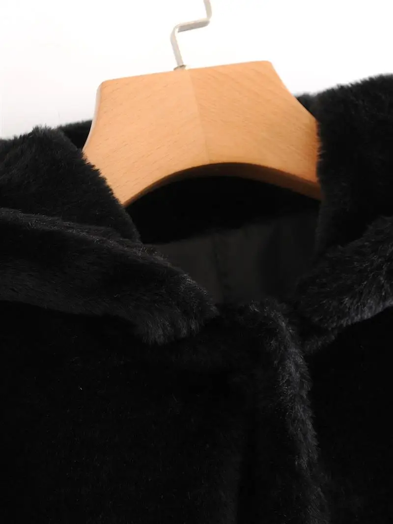 Изысканная Женская Осенняя Новинка, женская черная куртка из искусственного меха с капюшоном и длинным рукавом, теплая зимняя женская куртка, пальто