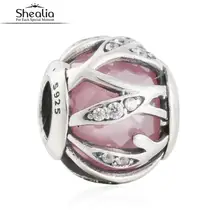 SHEALIA 925 Sterling Silver Pink Zirconia Granos de Los Encantos de Luminosidad de La Naturaleza Con Logotipo de la Marca Para Pan Pulseras Joyería Que Hace 2016
