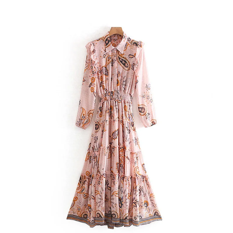 

women mididress 2019 new fashion long sleeve shirtdress floral printed chiffon elegant pink bohemian long party dress