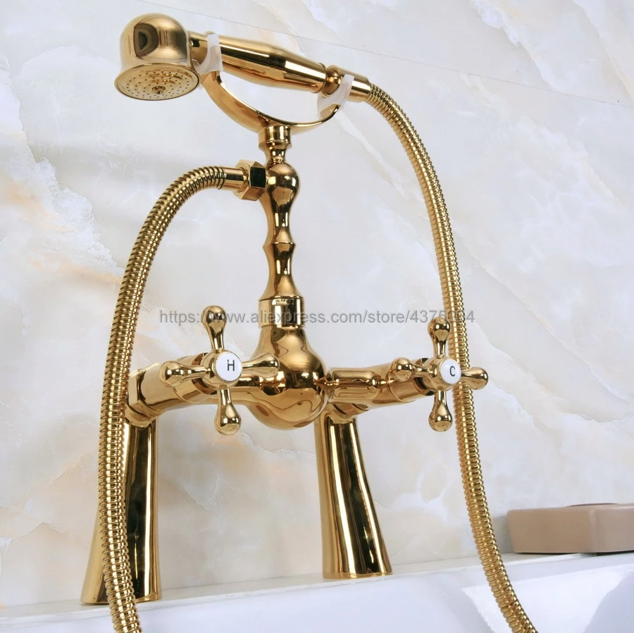 Deck Mounted Polished Gold Color Bathroom Faucet Double Cross Handles With Hand Held Shower Head Shower Faucet Set Nna148