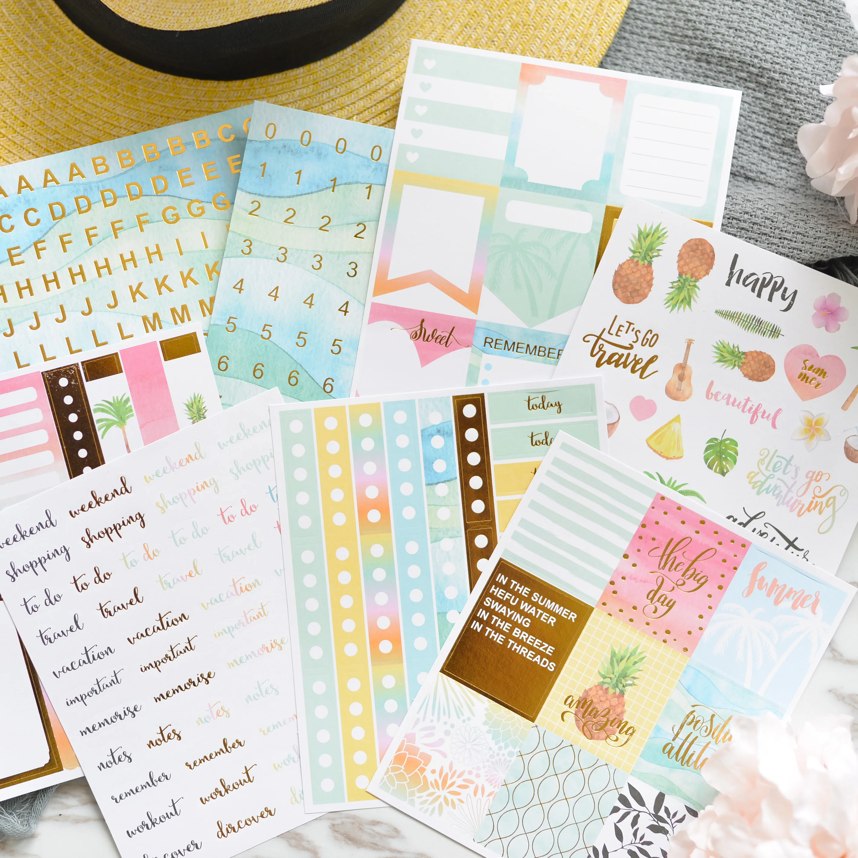 

8pcs New Bronzing color Fruits/Letter/number/date/words daily weekly Decorative Stickers DIY Scrapbooking Diary Stickers Escolar
