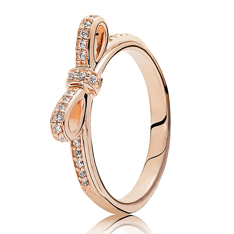 

Authentic 925 Sterling Silver Ring Fine Sparkling Rose Bow With Crystal Rings For Women Wedding Gift Fine Europe Jewelry