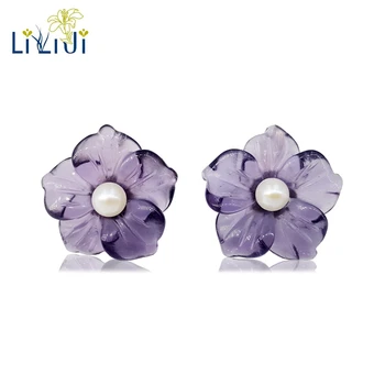 

LiiJi Unique 925 Sterling Silver Natural Purple Crystal Flowers Freshwater Pearl Stud Earring