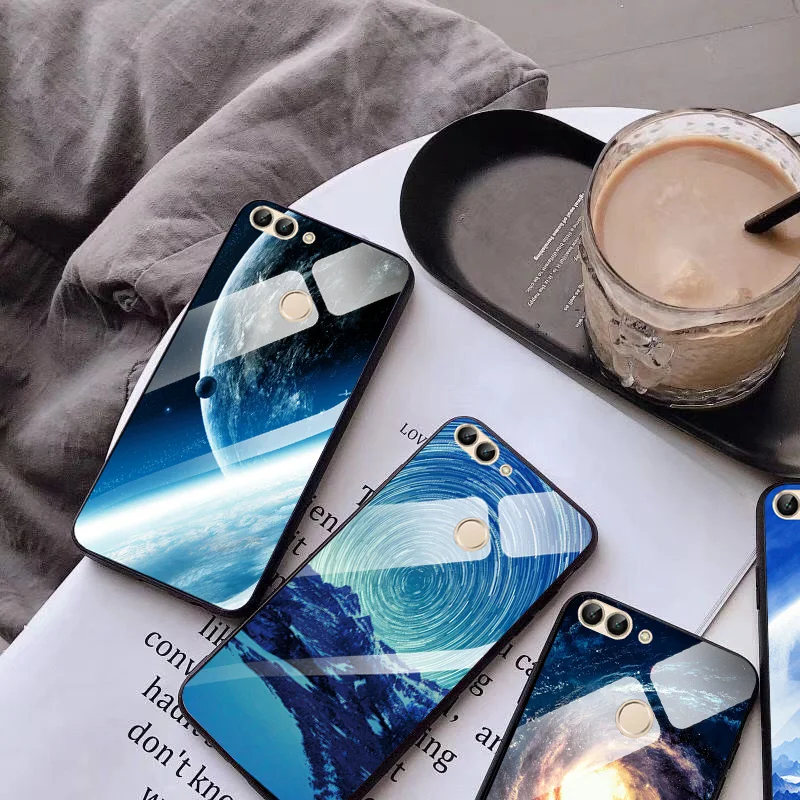 Цветной чехол из закаленного стекла с планетой для huawei P Smart Back Bumper Enjoy 7S Phone Shell PSmart