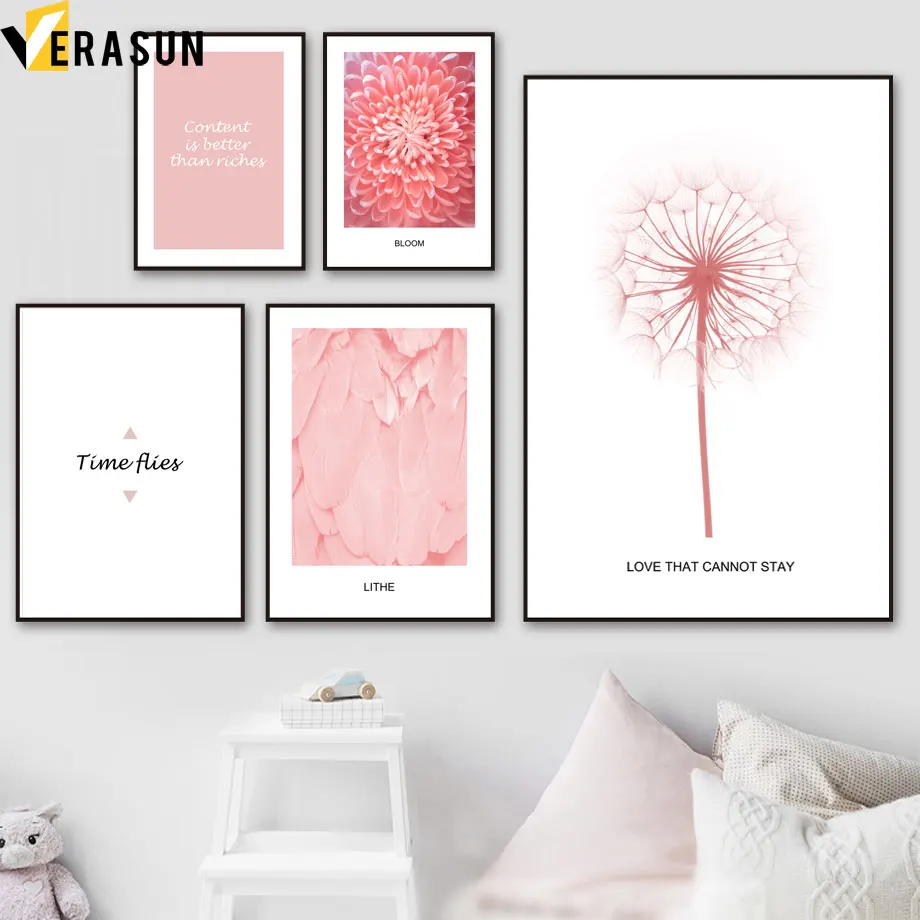 

Pink Dandelion Bloom Feather Quote Nordic Posters And Prints Wall Art Canvas Painting Wall Pictures For Living Room Home Decor