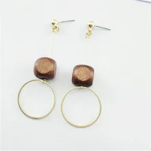 Free shipping Traditional natural wood round geometric fashion women stud earrings South Korea temperament contracted