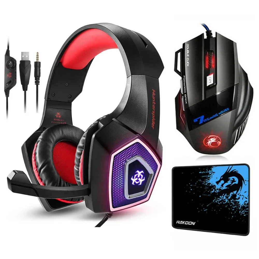 

Hunterspider V1 Gaming Headset Stereo Heaphone With Mic 7 LED Light for PS4 PC+7 Buttons 5500DPI Gaming Mouse+Gaming Mouse Pad