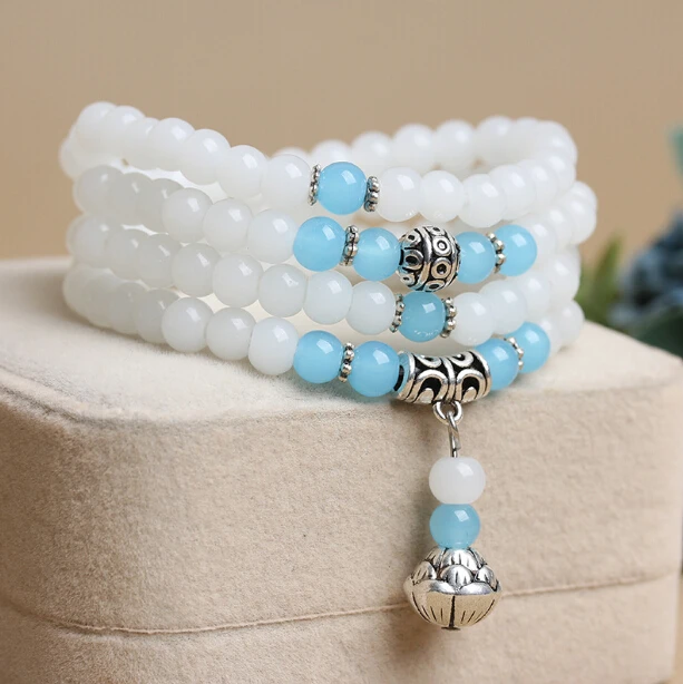 Свежий Дизайн Природные халцедон 108 Мала браслет из бисера Multi круги синий и белый камень бусинами модные женские туфли украшения