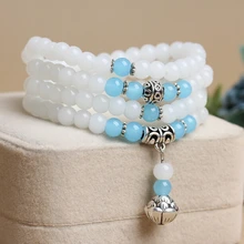 Свежий Дизайн Природные халцедон 108 Мала браслет из бисера Multi круги синий и белый камень бусинами модные женские туфли украшения
