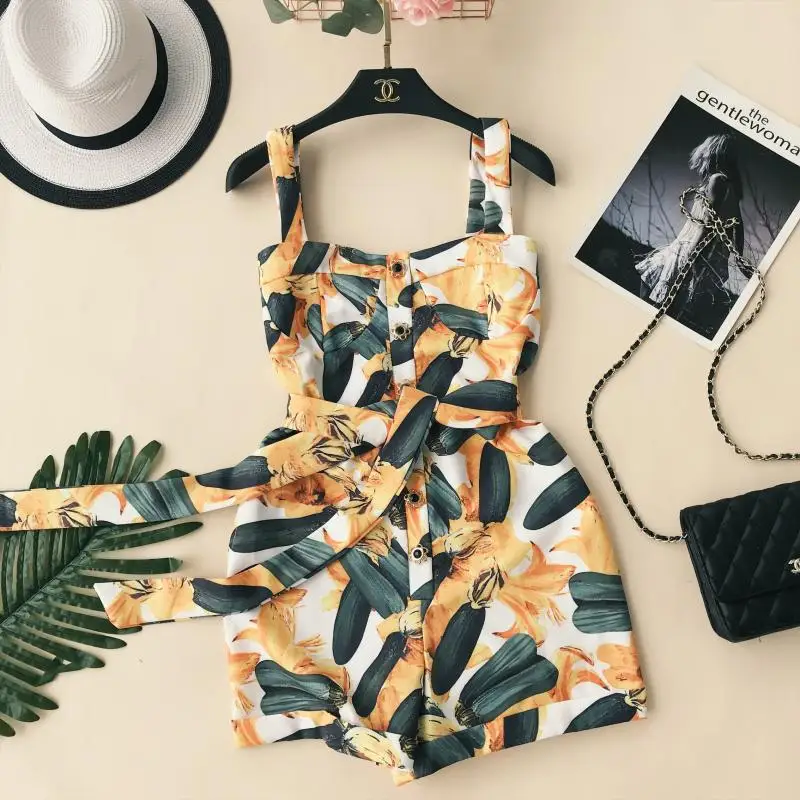 

2019 Summer Bodysuits Women Print Beach Playsuit Female Short Overalls Jumpsuit Casual Boho Bodysuit Button Sling jumpsuit