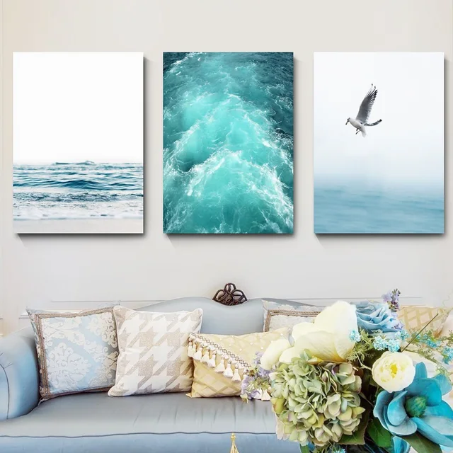 Gohipang Blue Sea And Sky Nordic Landscape Canvas Painting Free Seagull Waves Beach Art Poster Living Gohipang Blue Sea And Sky Nordic Landscape Canvas Painting Free Seagull Waves Beach Art Poster Living Room Decor Seabirds Wall