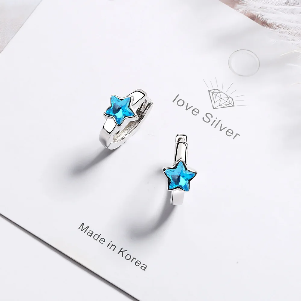 New 925 sterling silver Blue Crystal Hoop Earrings Stars Design Earring For Women Korea Japan Party Jewelry oorbellen