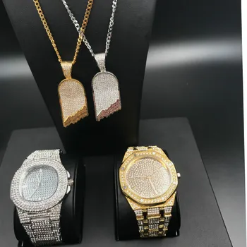 

Luxury Men Gold Color Watch Hip Hop Men Stainless Steel Skateboard Pendant Rhinestone Men Watch & Necklace Combo Set For Men