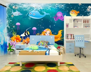 

beibehang Vinyl wall papier peint mural 3d custom HD underwater world 3d cartoon mermaid wallpaper for kids room wallpaper roll