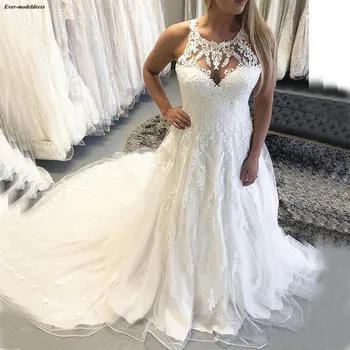 

vestito da sposa Vintage Plus Size Lace Appliques A-Line Wedding Dresses Illusion O-Neck Mariage Gowns With Court Train