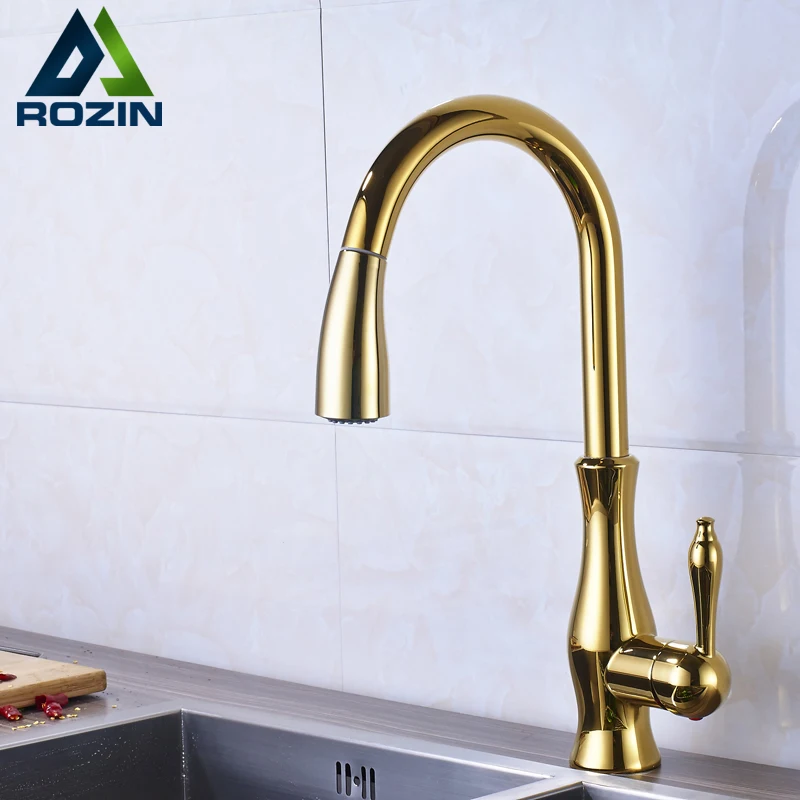 

Luxury Deck Mounted Pull Out Down Spout Kitchen Basin Sink Faucet Tap Golden Single Lever One Hole Hot and Cold Mixers