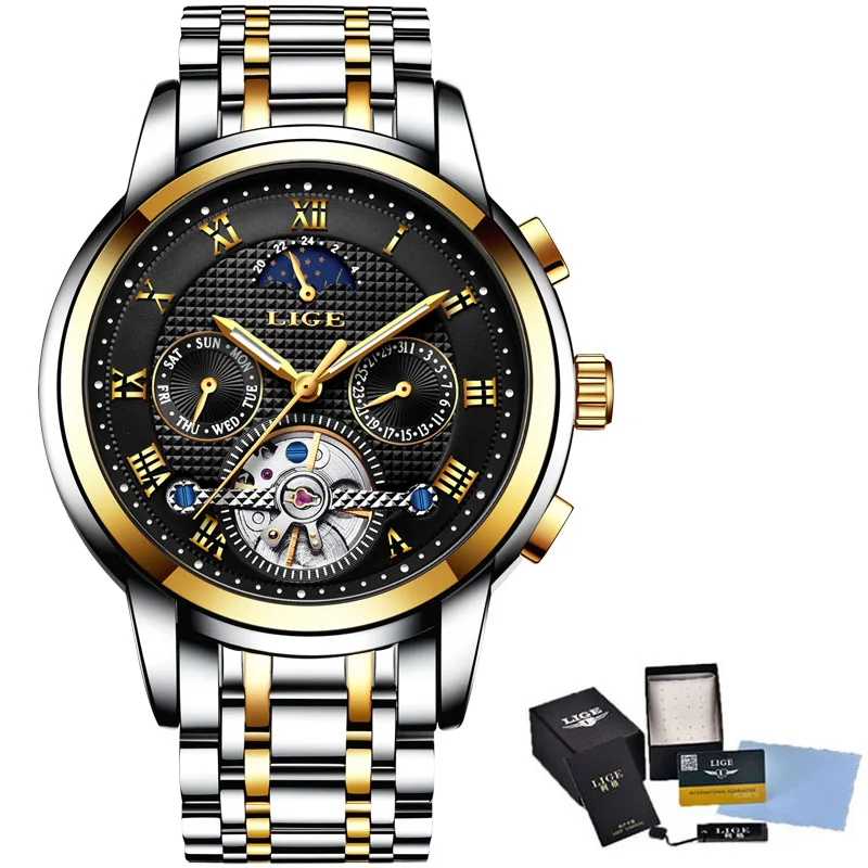 LIGE, мужские часы, Лидирующий бренд, Роскошные автоматические механические часы, мужские, полностью стальные, бизнес, водонепроницаемые, спортивные часы, Relogio Masculino - Цвет: steel gold black